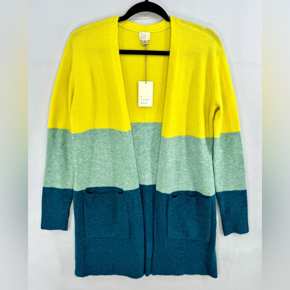 NWT Women’s A New Day Open Cardigan Yellow Teal Color block Sz XS Lightweight